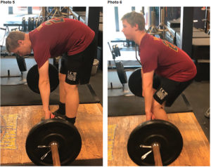 Photo 5 (left) shows a flawed deadlift technique, and photo 6 (right) shows the proper form.