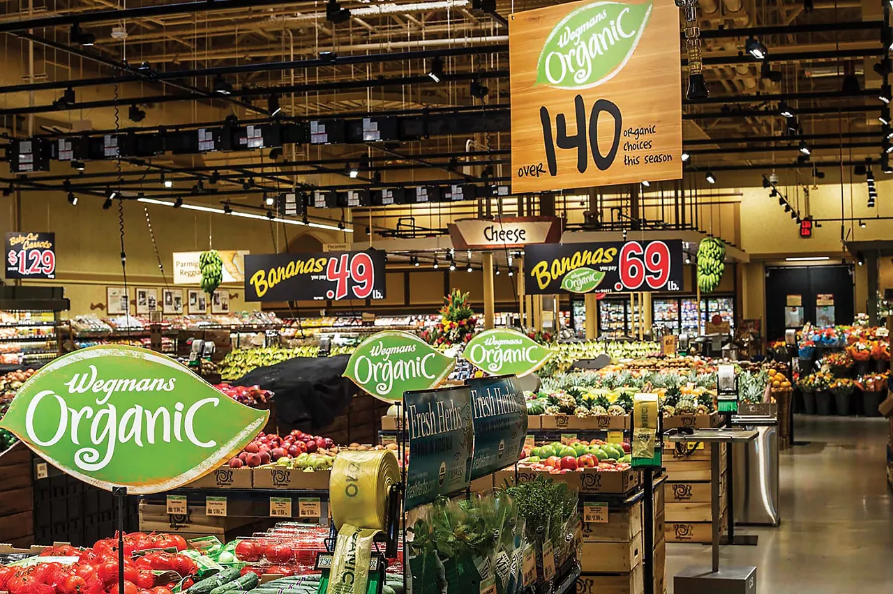 Image shows the inside of a Wegmans grocery store at the organics section